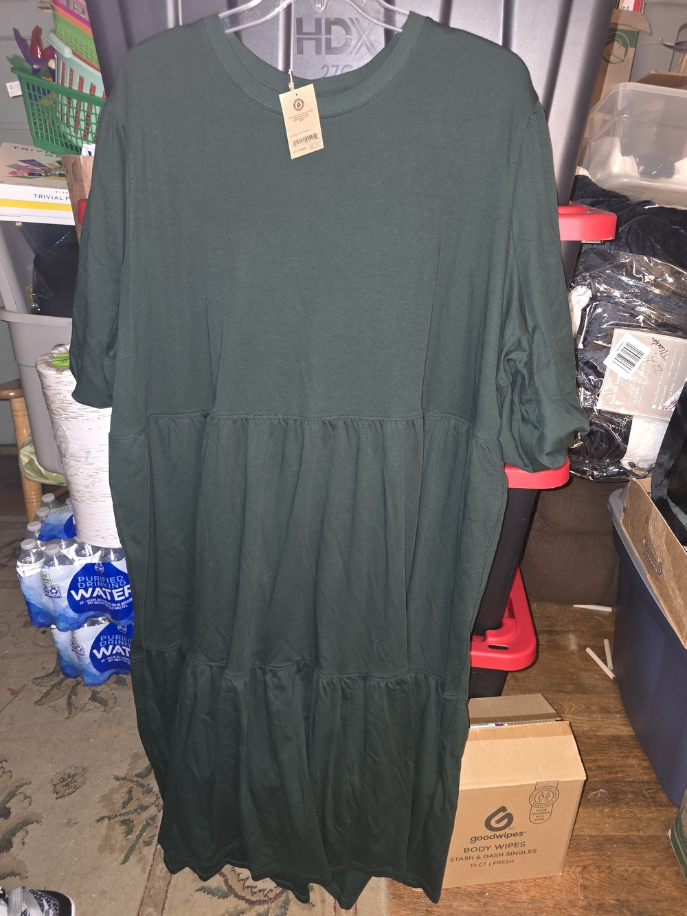 NWT- 6X- Amazon Women's Dark Green Tiered Maxi Dress with Short Puffy Sleeves